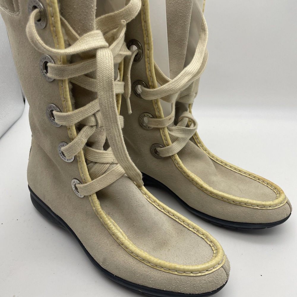 Cole Haan Women's Ivory Suede Boots Fur Lined Waterproof Lace-Up Mid-Calf‎ 6.5B